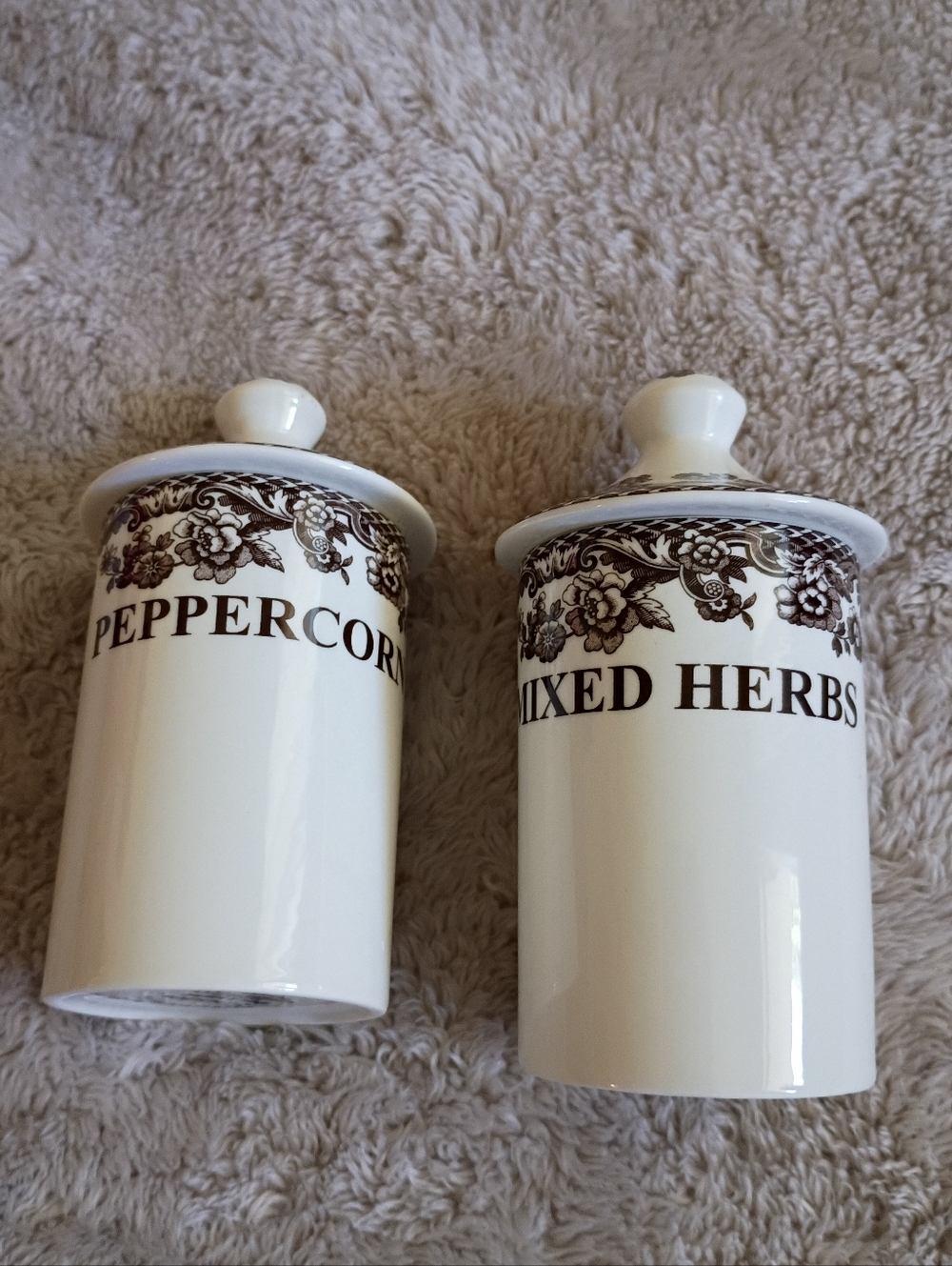 Spode Delamere Brown Transferware Spice Jars Peppercorn & Mixed Herbs Set of 2